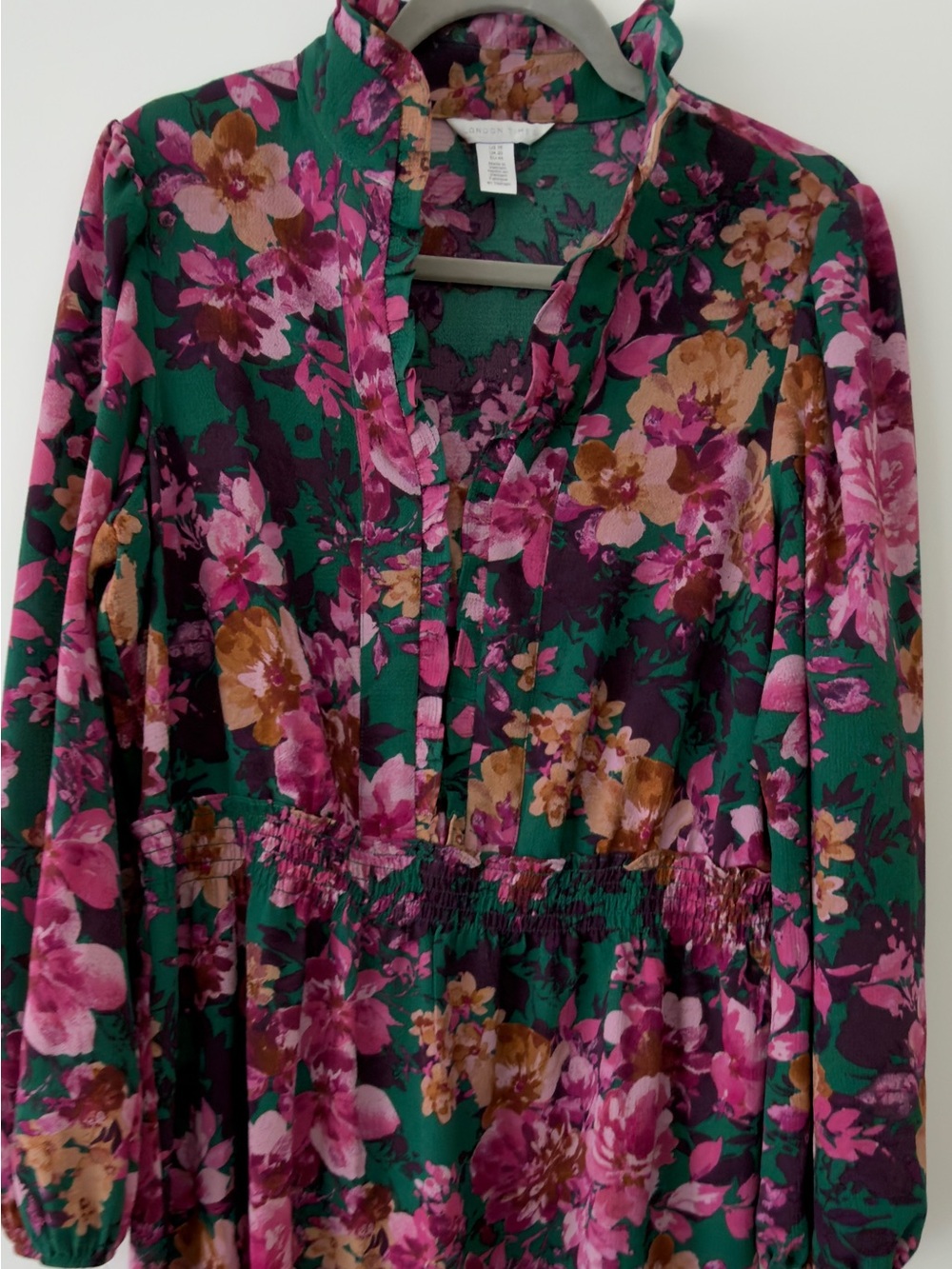 London Times Floral V-Neck Long Sleeve Top - Green & Pink -Size 16